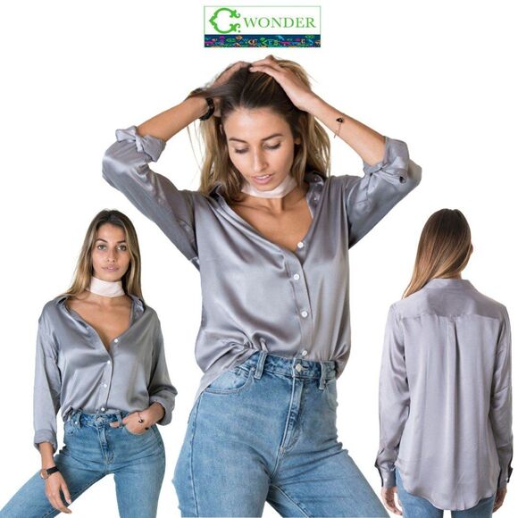 C. Wonder NEW Glam CLASSIC 100% Silk Button Down Shirt L - Picture 3 of 12